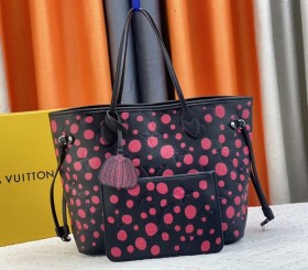 Louis Vuitton X YK Neverfull MM Black Tote - Red Infinity Dots