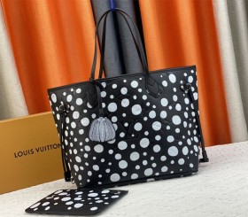 Louis Vuitton X YK Neverfull MM Black Tote - White Infinity Dots - Style 1