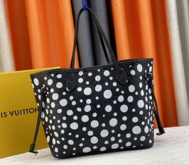Louis Vuitton X YK Neverfull MM Black Tote - White Infinity Dots - Style 3