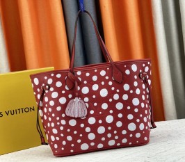 Louis Vuitton X YK Neverfull MM Red Tote - White Infinity Dots - Style 3